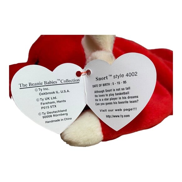 Ty Beanie Baby Snort The Bull Plush Toy Red & White Collectible 1990s Original T - Picture 7 of 10